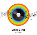 Vinyl record. Realistic musical retro disk, vintage singles record, rainbow spectrum and notes wave, old music media