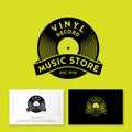 Vinyl Record with ribbon. Logo for vintage music store. Identity in engraving style.