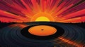 Vinyl record silhouette with cityscape and sunset background. Abstract illustration with vibrant orange and red tones Royalty Free Stock Photo