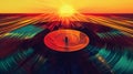 Vinyl record silhouette with sunset background. Abstract illustration with vibrant orange and red tones, music and urban Royalty Free Stock Photo