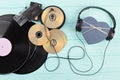 Vinyl records, discs, cassettes and headphones. Royalty Free Stock Photo