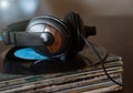 Vinyl records and earphones close up Royalty Free Stock Photo