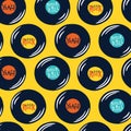 Vinyl rock records seamless pattern. Colorful plates with inscriptions. Hand drawn illustrations in simple doodle Royalty Free Stock Photo