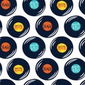 Vinyl rock records seamless pattern. Colorful plates with inscriptions. Hand drawn illustrations in simple doodle Royalty Free Stock Photo