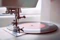 Vinyl on sewing machine. How to use old stuff concept Royalty Free Stock Photo