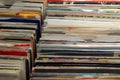 Vinyl 7& x22; single 45 rpm records for sale at a retro record fair Royalty Free Stock Photo