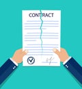 Violate of a contract. Hands breaking a paper contract in flat style. Termination job concept. Tearing business document. End