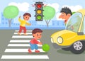 Violation road rules. Ball rolled out roadway. Boys play on highway. Car driver is stressed. Pedestrians crossing auto