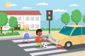 Violation road rules. Kids abruptly cross path, dangerous scene, playing ball roadway, sudden braking car, traffic