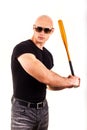 Violence and aggression concept - furious screaming angry man hand holding baseball sport bat Royalty Free Stock Photo