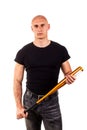 Violence and aggression concept - furious screaming angry man hand holding baseball sport bat Royalty Free Stock Photo