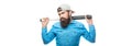 Violence and aggression concept, man hand holding baseball sport bat. Beardman holding a baseball bat. Isolated white Royalty Free Stock Photo