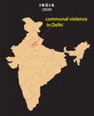 Violence in delhi in India map. communal violence in Delhi