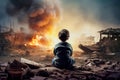 Violent explosion against the backdrop of the house. A child watches the explosion and fire. Sunset. Apocalypse. War. Nuclear