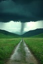 A violent storm forms over fields, rain lashing down in sheets. Royalty Free Stock Photo