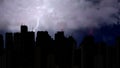 Violent thunderstorm breaks over megalopolis at night, lightning bolt, weather