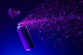 Violet Aerosol Paint Can With Empty Space Spraying Pink Sparks. 3d rendering. Minimalism.