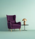 Violet armchair over pale green wall