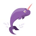 Violet baby narwhal . Flat vector illustration isolated on white background.