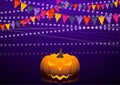 Violet background with party flags and Jack-O-Lantern pumpkin