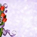 Violet background with red tulips, lilac flowers and silk ribbon Royalty Free Stock Photo