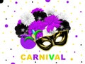 Violet black bright flowers and black gold carnival mask on white dotted background. Mallow and rudbeckia. Mardi gras banner. Carn