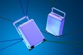 Violet Blank Modern Suitcases Tied With Ropes on Blue Background And Illuminated By Neon Lights. 3d Rendering