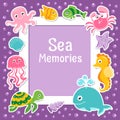 Violet border with cute sea animals. Sea frame with bubbles and ocean animals