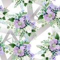 Violet bouquet floral botanical flowers. Watercolor background illustration set. Seamless background pattern.