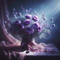 Violet bouquet with dramatic side light. Flowers and plants in spring. AI generated