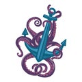 Violet cartoon octopus with curvy arms and suction cups around sea anchor Royalty Free Stock Photo