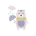 Violet Cat In Scarf Holding Umbrella Under Rain In Autumn Standing Upright Humanized Animal Character Illustration In