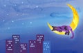 Violet cat sleeps on a crescent over the night city. Set of illustrations with a funny kitten character