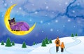 Violet cat sprawled on a crescent over the snow-covered fields and looks down at the passing father and son. Set of illustrations