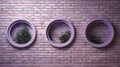 Violet Ceramic Window Ornaments On Brick Background - Sculptural Installation Royalty Free Stock Photo