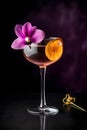 Violet cocktail with orange slice in a high stylish glass decorated with purple orchid flower on dark purple background, close up