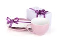 Violet coffee cup, gift box and love letter Royalty Free Stock Photo