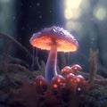 Violet color bioluminiscent mushrooms glowing in the dark