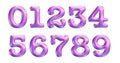 Violet color letters, alphabet, numbers, zero, one, two, three, four, 3d illustration