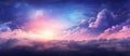 Violet cumulus clouds hover in the duskfilled sky, with the sun shining through Royalty Free Stock Photo