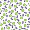 Violet cute summer flowers and green leaves pattern. Watercolor.