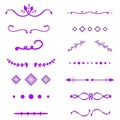 Violet Dividers vector on white background. Handdrawn borders. Unique swirl, divider. Ink, brush lines, laurels set. Royalty Free Stock Photo