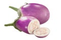 Violet eggplant or aubergine isolated.  Whole and cut Solanum melongena fruits Royalty Free Stock Photo