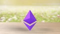 Violet Ethereum gold sign icon on blur field of flowers. 3d render isolated illustration, cryptocurrency, crypto, business,