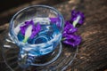 Violet flower hot drinking tea refresh Thai herb drink on wood background