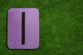 Violet foam tourist seat mat on green grass, top view. Space for text