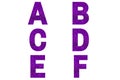 Violet font Alphabet a, b, c, d, e, f made of violet sparkle background.