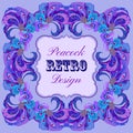 Violet frame with painted peacock feathers and retro label Royalty Free Stock Photo