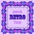 Violet frame with painted peacock feathers and retro label Royalty Free Stock Photo