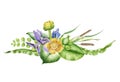 Violet garden iris, yellow water lily and wild meadow flowers. Watercolor design spring bouquet. Floral lush watercolor